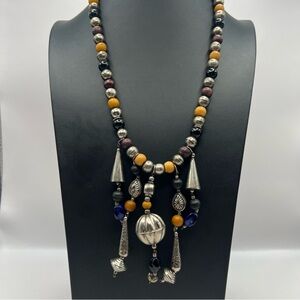 Bohemian Vintage Tribal Estate Necklace Cobalt Glass Beads & Silver Tone Accents